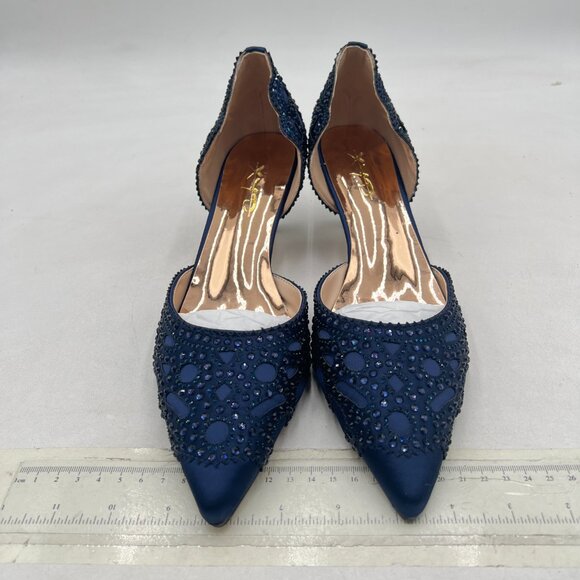 XYD Navy Pointed Toe D'Orsay Kitten Heel Rhinestone Studs Slip-On Satin Shoes - Picture 3 of 14